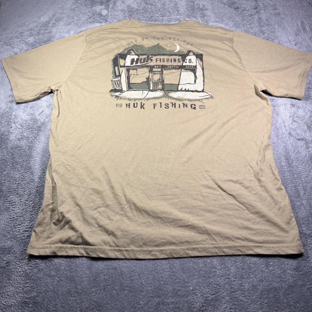 Huk Fishing Co Mens XL Tan Graphic T-Shirt Bait Tackle Shop Back Print Short Slv